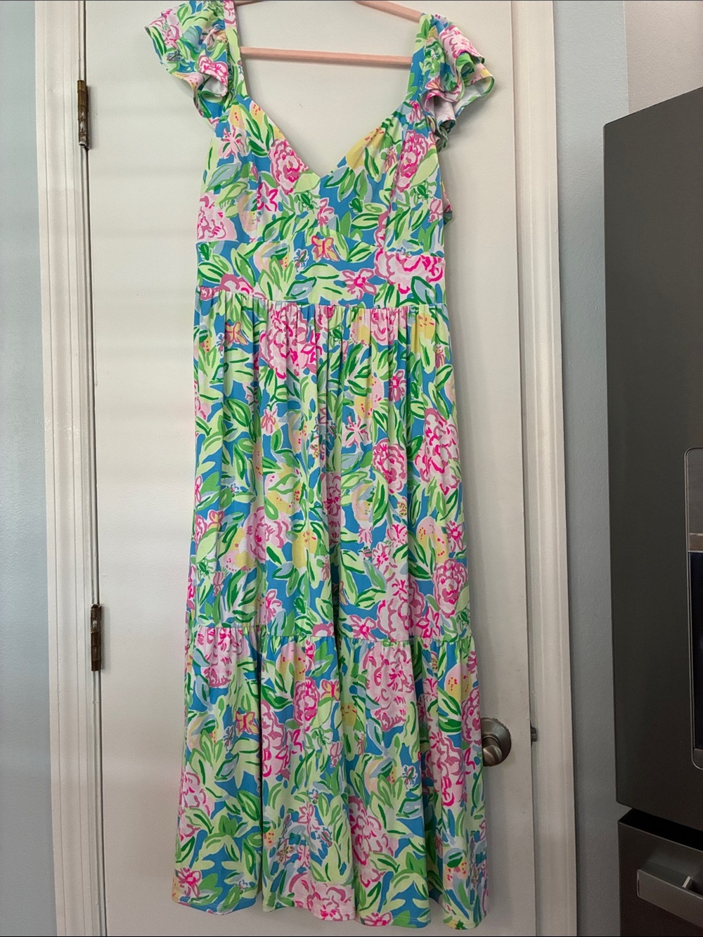 Lilly Pulitzer Blue Floral Midi Dress with Pink & Green